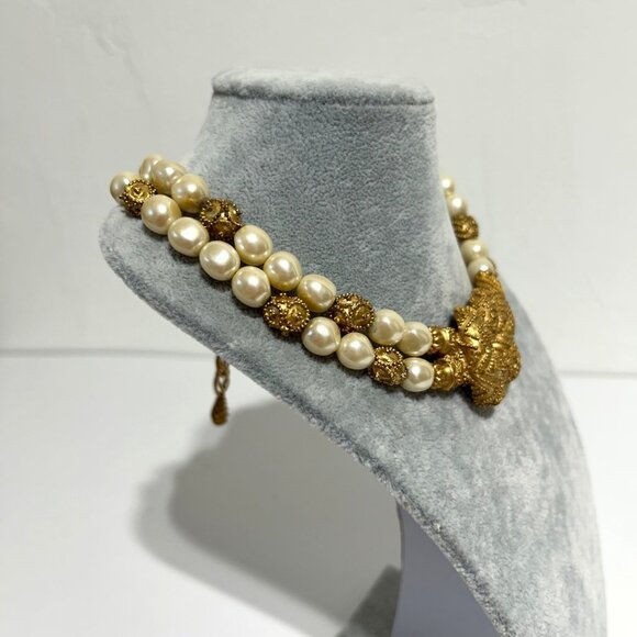 Vintage 1988 FM Double-Strand Faux Pearl Gold Tone Braided Necklace - Picture 11 of 11